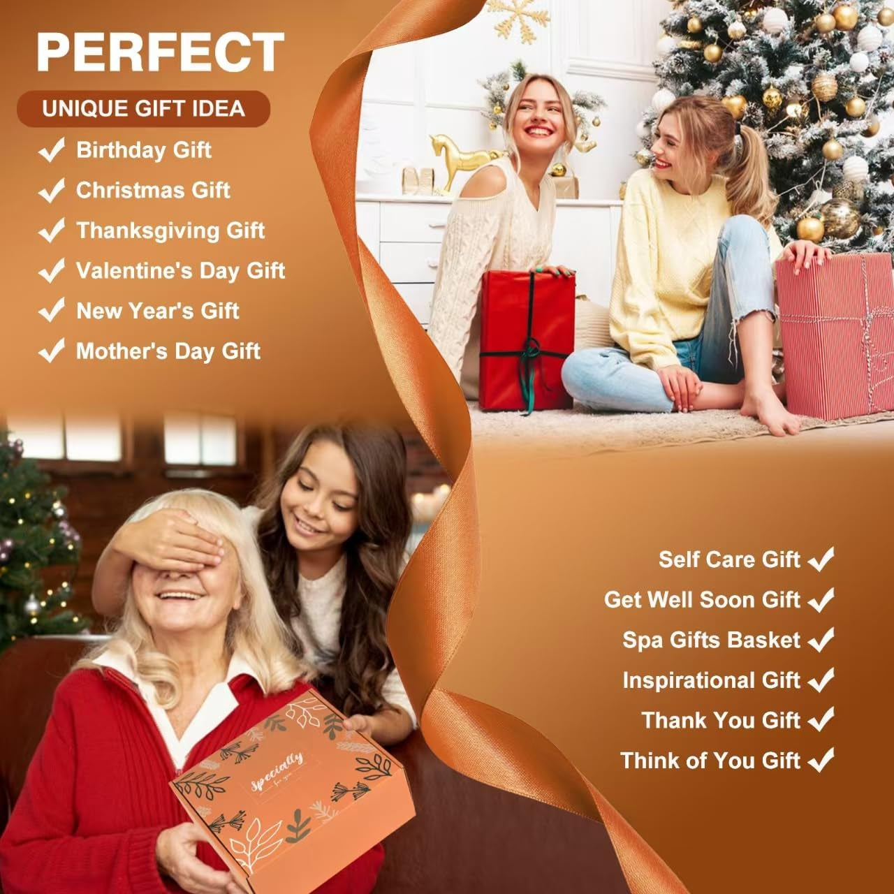 Valentines Day Gifts Basket for Her Wife,Orange Birthday Gifts for Mom Women Her Girlfriend Coworker W/Fall Cozy Socks&Blanket,Autumn Self Care Package Bath Set,Birthday,Valentines Gifts Box for Women