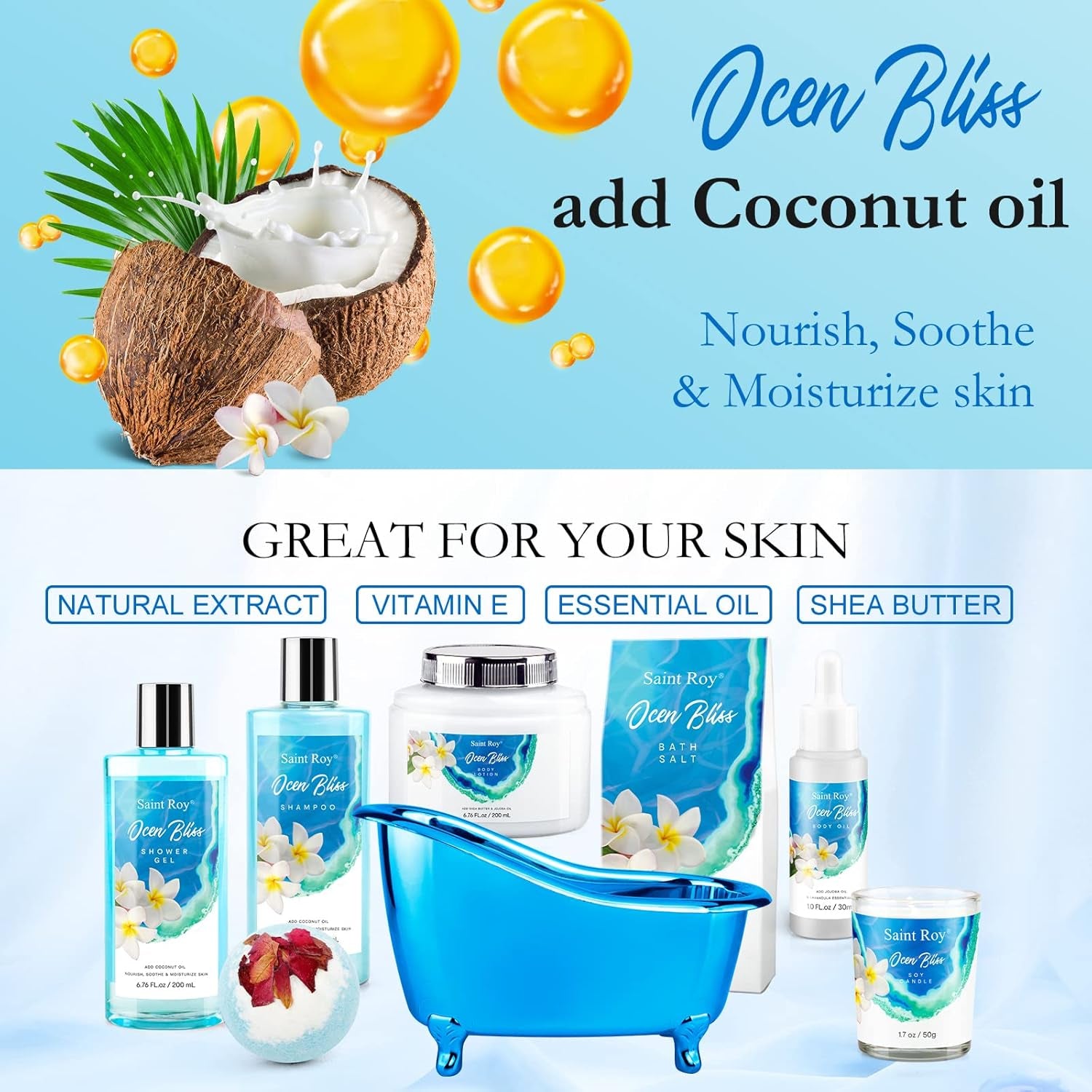 Birthday Gifts for Women, Luxury Home Spa Kit, 8Pcs Bath Gift Set Ocean & Vanilla, Gift Baskets for Women Unique with Bath Bombs, Sea Salt, Scented Candle, Body Lotion