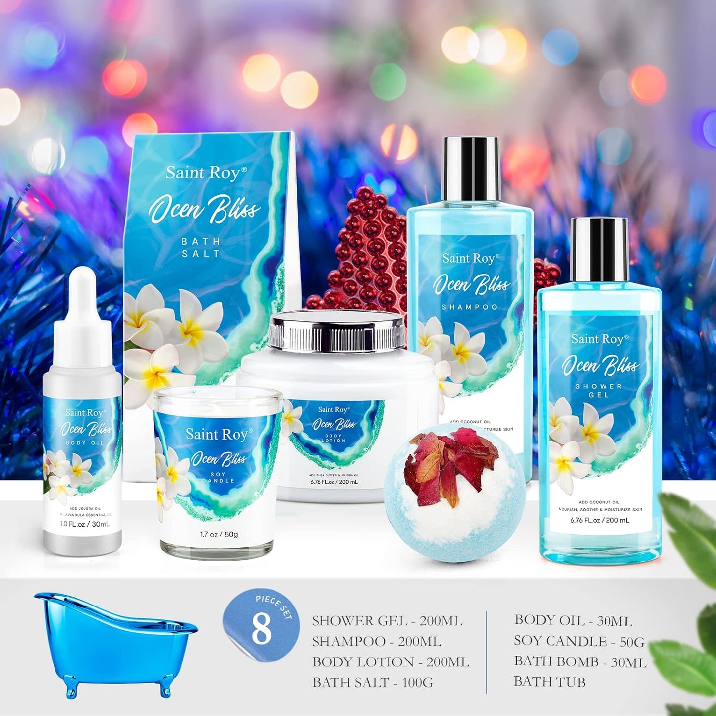 Birthday Gifts for Women, Luxury Home Spa Kit, 8Pcs Bath Gift Set Ocean & Vanilla, Gift Baskets for Women Unique with Bath Bombs, Sea Salt, Scented Candle, Body Lotion